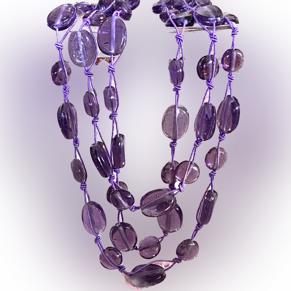 Purple Glass Beaded Necklace Flat Triple Strand. Knotted Matching Shining Thread